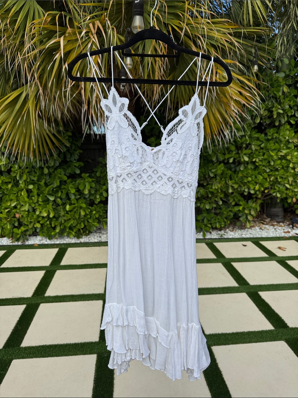 Free People White Lace-Trim Slip Dress with Ruffle Hem